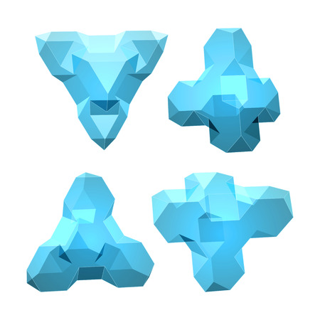 Vector set of views of transparent complex geometric shape based on tetrahedron. Four types of perspective viewsのイラスト素材