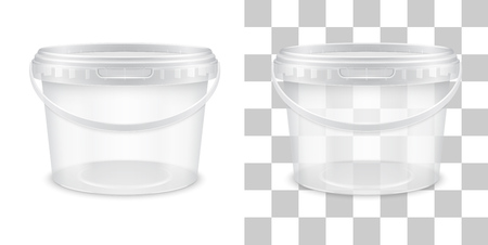 Vector transparent empty plastic bucket for storage of food, honey or ice cream. Front view. Packaging template illustration.のイラスト素材