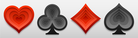 Set of playing card suit sign shapes. Paper art of four card symbols. Vector illustration for casino and poker games. Decorative design for cards, posters, flyers, stickers.のイラスト素材
