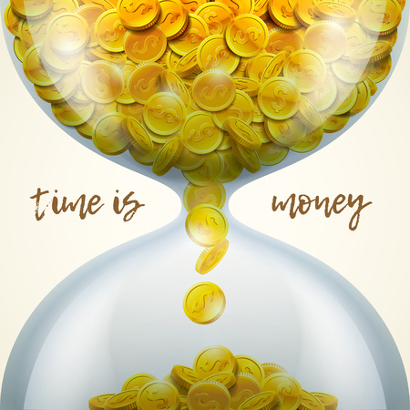 Hourglass of golden coins with dollar sign. Time is money concept. Vector illustration.のイラスト素材