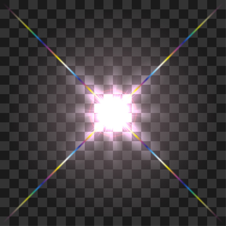 Abstract front lens flare glowing light effect design. Vector glow glare decoration with spectrum ray sparkles isolated on transparent background.のイラスト素材