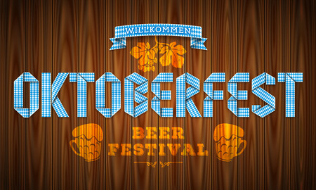 Lettering Oktoberfest made with ribbon of traditional bavarian blue-white checkered pattern on a wooden background. Vector poster for bavarian beer festival.のイラスト素材