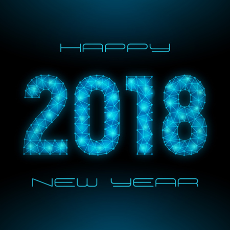 2018 Happy New Year futuristic banner. Blue shining low-poly text on dark background. Vector illustration.のイラスト素材