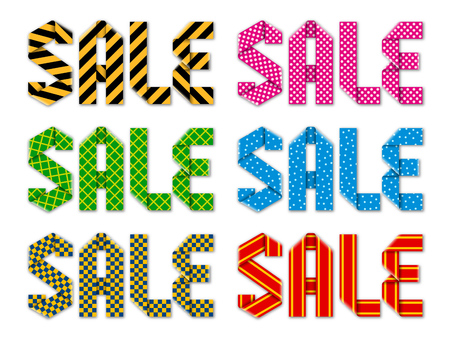 Word Sale made of folded ribbons with 6 different types of decor. Vector lettering design. Colors are easily replaceable.のイラスト素材