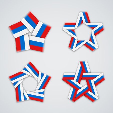 Set of stars made of ribbon with Russian flag colors. Tricolor symbol design. Vector illustration for Russian national holidays.のイラスト素材