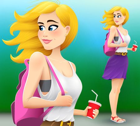Young pretty woman or student or schoolgirl with backpack and a drink in her hand is waiting and looking back. Vector realistic summer style illustration.のイラスト素材
