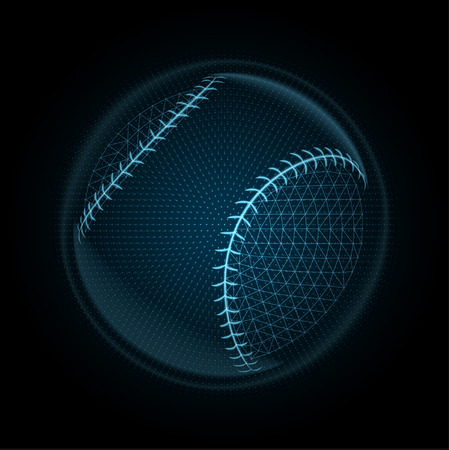 Vector image of a baseball ball made of illuminated shapes. Illustration consisting glowing lines, points and polygons in the form of a ball for softball. Abstract 3D neon wireframe concept.のイラスト素材
