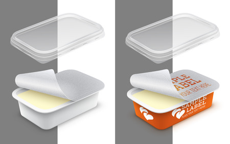 Vector labeled open rectangular plastic container with foil, transparent lid and butter, melted cheese or yoghurt within. Packaging mockup illustration.のイラスト素材