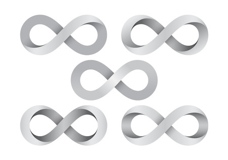 Set of Infinity signs made of different types of torsion. Mobius strip symbols. Vector illustration isolated on a white background.のイラスト素材