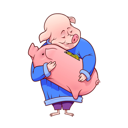 Happy fat pig is hugging a piggybank with golden coins within. Vector illustration isolated on a white background.のイラスト素材