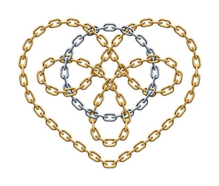 Heart symbol with knot as trefoil and circle within made of intersected golden and silver chains. Cycle love sign. Vector realistic illustration isolated on white background.のイラスト素材