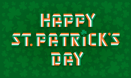 Happy Saint Patrick Day greeting card with text made of interlaced Irish flag color ribbons over clover leaves background. Vector illustration.のイラスト素材