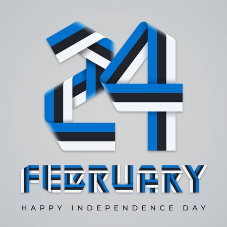 Congratulatory design for February 24, Estonia Independence Day. Text made of bended ribbons with Estonian flag colors. Vector illustration.のイラスト素材