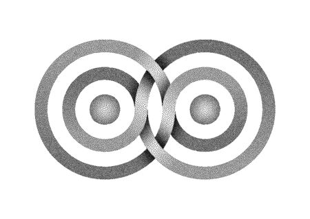 Stippled Infinity symbol made of intertwined bands. Stylized Interference concentric waves. Vector illustration isolated on white background.のイラスト素材