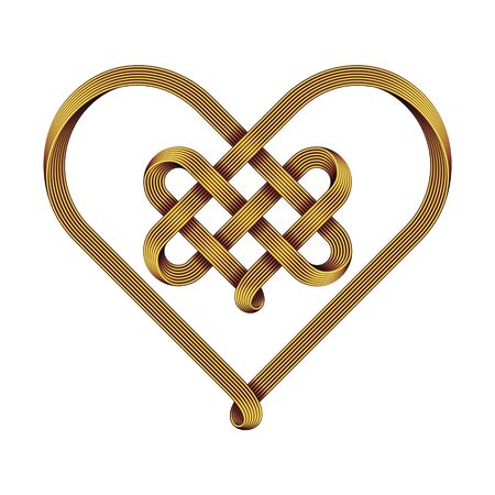 Heart symbol made of intertwined golden wire as a celtic knot. Vector illustration isolated on white background.のイラスト素材