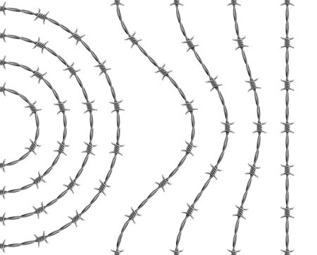 Set of spiraling barbed wires. Curved, wavy, arcing, straight repeatable barb wire segments. Vector realistic illustration isolated on white background.のイラスト素材