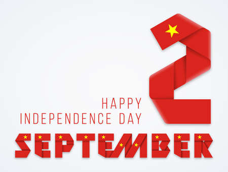 September 2, Vietnam National Day congratulatory design. Text made of bended ribbons with Vietnamese flag elements. Vector illustration.のイラスト素材