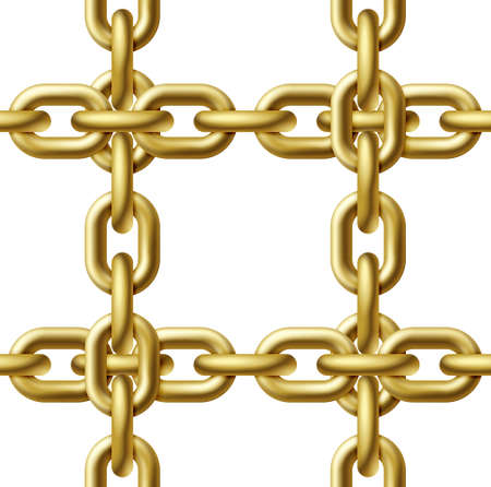 Seamless pattern made of golden chains intertwined in the form of a net. Vector realistic illustration isolated on a white background.のイラスト素材