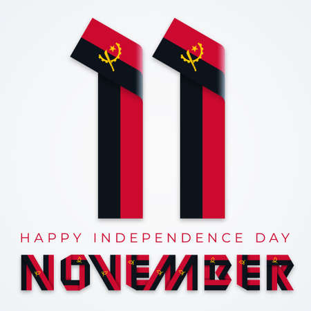 Congratulatory design for November 11, Independence Day of Angola. Text made of bended ribbons with angolan flag elements. Vector illustration.のイラスト素材
