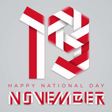 Congratulatory design for November 19, Monaco Independence Day. Text made of bended ribbons with monegasque flag colors. Vector illustration.のイラスト素材