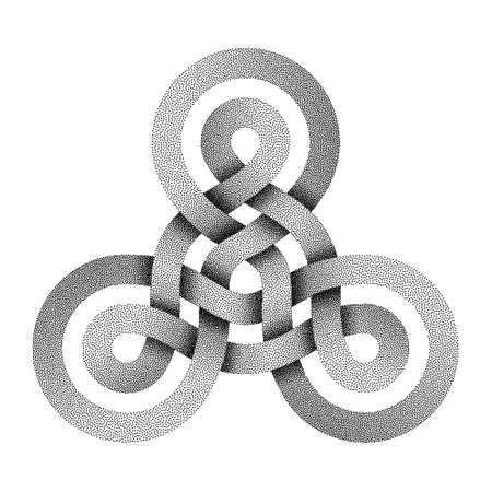 Stippled triquetra knot sign made of two interwoven stripes. Modern textured stylization of celtic trinity symbol. Vector illustration isolated on white background.のイラスト素材