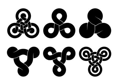 Set of triquetra knot signs made of three connected disks and rings. Stylized tattoo design of celtic trinity symbols. Vector illustration isolated on a white background.のイラスト素材