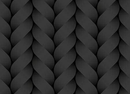 Black seamless decorative pattern of braided paper bands twisted in the form of a pigtail. Vector dark texture repeating geometric background illustration.のイラスト素材