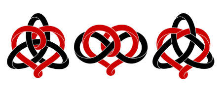 Set of heart signs with triquetra knot and infinity symbol made of intertwined mobius stripes. Stylized symbols of harmonic eternal love for tattoo design. Vector illustration isolated on white background.のイラスト素材