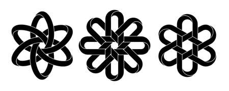 Set of symbols made of mobius stripes intertwined in hexagonal and octagonal shapes. Stylized signs for tattoo design. Vector illustration isolated on white background.のイラスト素材