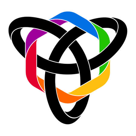 Knot triquetra with rainbow colored hexagon shape made of intertwined mobius stripes. Stylized celtic trinity symbol for tattoo design. 3d illustration isolated on white background.の写真素材