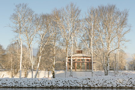 snow covered trees and a house by the riverの写真素材