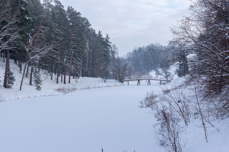 Tourist path. Wooden bridge over a small winter, the frozen river forestの写真素材
