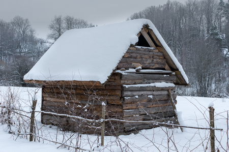 Historical peasant huts snowy winter forest in the meadow in winterの写真素材