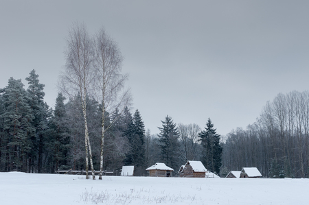 Historical peasant huts snowy winter forest in the meadow in winterの写真素材