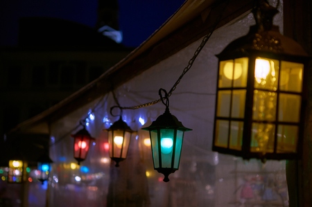 Home decorated and lighted for Christmas and for New Year Eve at Nightの写真素材