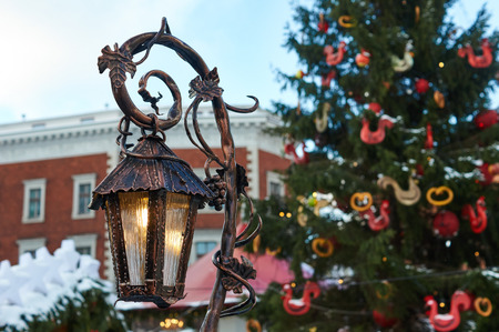 Home decorated and lighted for Christmas and for New Year Eve. Christmas lantern.の写真素材