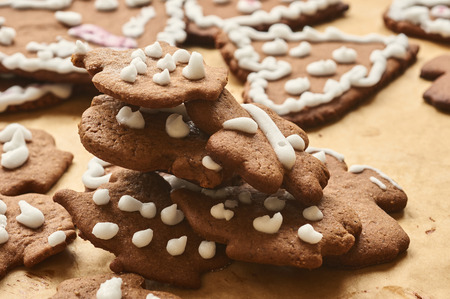 Christmas homemade gingerbread cookies on table. Top view.の写真素材