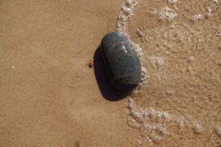 The rock lying on the beach is washed by the sea, High resolution photography, summer time, macro...