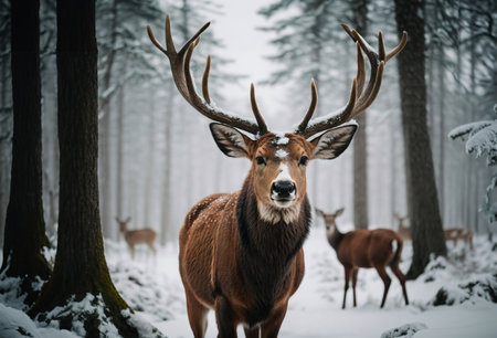 A majestic deer in a snowy pine forest, gracefully navigating the winter wonderland as the evening sets inの素材