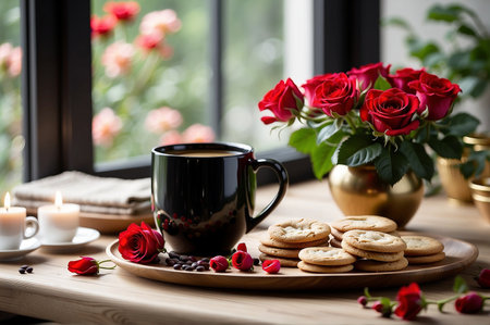 Cup of coffee with cookies and red roses on wooden table near windowの素材