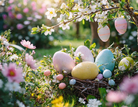 In this delightful Easter scene, vibrant eggs adorned in various hues create a kaleidoscope of colors, bringing the spirit of celebration to life. The sun bathes the scene in warm rays, casting a golden glow on the lush green grass below. The air is filled with the joyous laughter and playful chatter of children, their faces lit up with the excitement of the Easter festivities. As the youngsters explore the garden, their eyes light up with wonder at the sight of intricately decorated eggs hidden among the grass and flowers. Each egg tells a unique story through its carefully chosen colors and patterns, adding to the enchantment of the occasion. The weather is perfect, with a gentle breeze carrying the scent of blooming flowers through the air. Families gather together, creating lasting memories against the backdrop of this picturesque Easter garden. The joy of discovery, the vibrant colors, and the warmth of the sun all come together to make this a truly magical and unforgettable celebration of the spring season.の素材