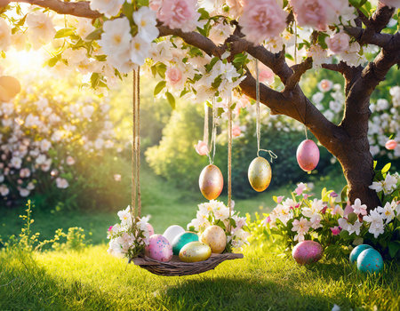 Immerse yourself in the magic of spring with this captivating image capturing the essence of Easter. Vibrantly colored Easter eggs, adorned in the spirit of the season, rest delicately in a nest perched upon the branches of a flourishing garden tree. Each egg boasts a unique pattern and hue, a celebration of the joyous occasion. The tree, dressed in blossoms, creates a picturesque backdrop, as nature embraces the renewal and vitality of spring. The interplay of the intricately decorated eggs against the lush greenery and blooming flowers creates a scene of whimsy and delight. This enchanting composition invites viewers to revel in the beauty of nature's awakening and the festive cheer of Easter. A perfect embodiment of the season's joy, the image radiates a sense of renewal and hope, making it a delightful visual celebration of Easter's timeless charm.の素材