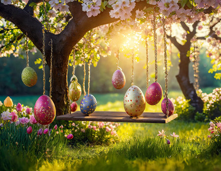 Immerse yourself in the magic of spring with this captivating image capturing the essence of Easter. Vibrantly colored Easter eggs, adorned in the spirit of the season, rest delicately in a nest perched upon the branches of a flourishing garden tree. Each egg boasts a unique pattern and hue, a celebration of the joyous occasion. The tree, dressed in blossoms, creates a picturesque backdrop, as nature embraces the renewal and vitality of spring. The interplay of the intricately decorated eggs against the lush greenery and blooming flowers creates a scene of whimsy and delight. This enchanting composition invites viewers to revel in the beauty of nature's awakening and the festive cheer of Easter. A perfect embodiment of the season's joy, the image radiates a sense of renewal and hope, making it a delightful visual celebration of Easter's timeless charm.の素材