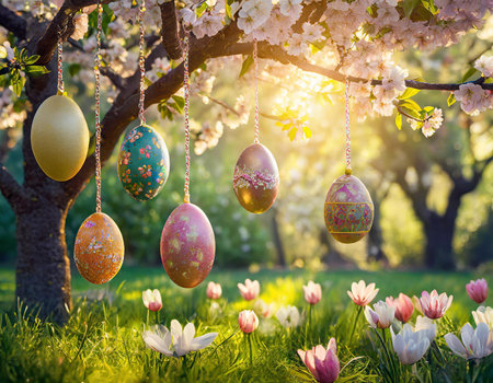 Immerse yourself in the magic of spring with this captivating image capturing the essence of Easter. Vibrantly colored Easter eggs, adorned in the spirit of the season, rest delicately in a nest perched upon the branches of a flourishing garden tree. Each egg boasts a unique pattern and hue, a celebration of the joyous occasion. The tree, dressed in blossoms, creates a picturesque backdrop, as nature embraces the renewal and vitality of spring. The interplay of the intricately decorated eggs against the lush greenery and blooming flowers creates a scene of whimsy and delight. This enchanting composition invites viewers to revel in the beauty of nature's awakening and the festive cheer of Easter. A perfect embodiment of the season's joy, the image radiates a sense of renewal and hope, making it a delightful visual celebration of Easter's timeless charm.の素材