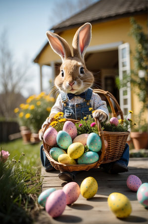 The Easter bunny zooms through a springtime landscape, perched on a colorful motorcycle swiftly making its way toward a destination. In its paws, a basket holds an array of vibrant eggs. With a joyful expression, the bunny doesn't forget to spread cheer to all pedestrians, bringing festive delight and creating unforgettable moments. This incredible scene combines traditional Easter eggs with a bunny embarking on a journey aboard a stylish motorcycle, evoking a sense of adventure and joy during these festivities.の素材