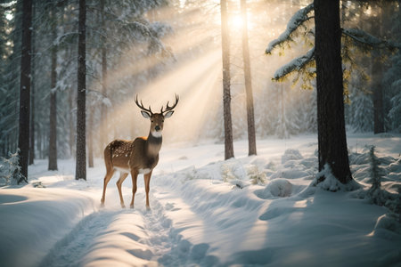 A majestic deer in a snowy pine forest, gracefully navigating the winter wonderland as the evening sets inの素材