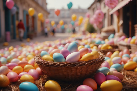 Sunny Easter Delight - Colorful eggs fill a basket on an old town street. Blurred background reveals people collecting scattered eggs, adding to the festive joy. Selective focus highlights the vibrant celebrationの素材