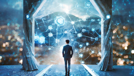 Back view of businessman looking at cityscape and digital connection concept. 3D Renderingの素材