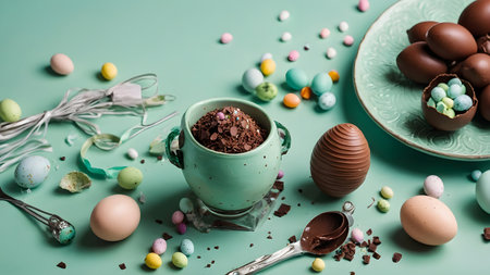 The picture shows pastry tools and ingredients on a green background. There are eggs, chocolate chips, colored candies, flour or cocoa powder and various toolsの素材