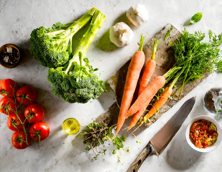 vegetables and spices on the kitchen table, including a bunch of lettuce, bell peppers, tomatoes and peppers. A knife can also be seen between the pepper pot and the tomatoes for cutting and cookingの素材
